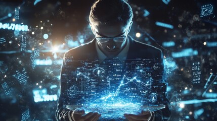 Fototapeta premium Futuristic Mathematician Surrounded by Glowing Equations on Digital Chalkboard in 3D Midday Scene