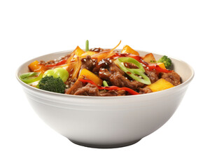 Tender beef stir-fried with vibrant vegetables like bell peppers, broccoli, and onions, garnished with green onions in a white bowl, perfect for a tasty meal.