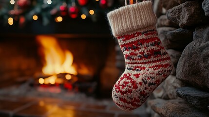 Close-up of a knitted stocking hanging by the fireplace, with soft woolen texture and intricate festive designs. 4K hyperrealistic photo.