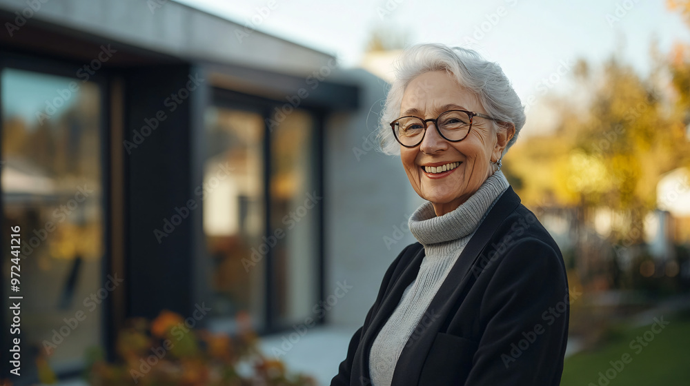 Wall mural Cheerful senior woman standing in front of a modern house, radiating happiness on an autumn day