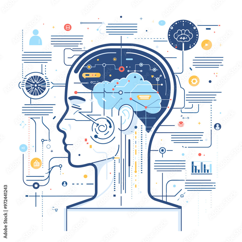 Poster abstract artificial intelligence concept with human head and various technological elements. vector 