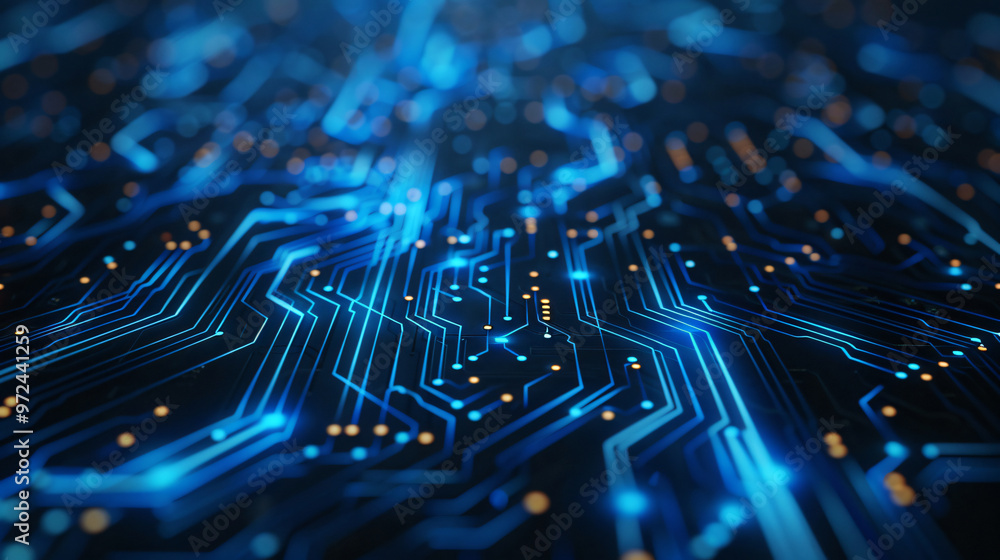 Poster a close-up view of a futuristic circuit board illuminated with blue lights, showcasing intricate pat