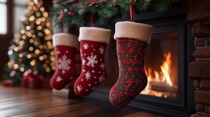 Geometric Christmas stockings with sharp, angular designs, hanging in perfect alignment by the fireplace. 4K hyperrealistic photo.