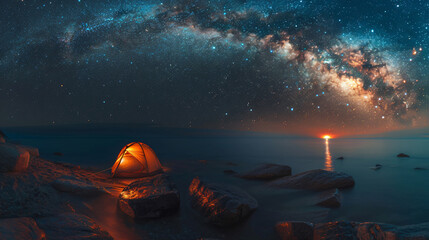 A breathtaking night scene featuring a glowing tent by the shore, under a starry sky with the Milky Way arching above, and a distant sunrise reflecting on the calm water