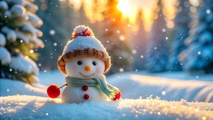 a cute baby snowman with winter landscape nature background.