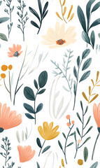 floral and leaf seamless patterns in doodle-style tile designs with graphic format.