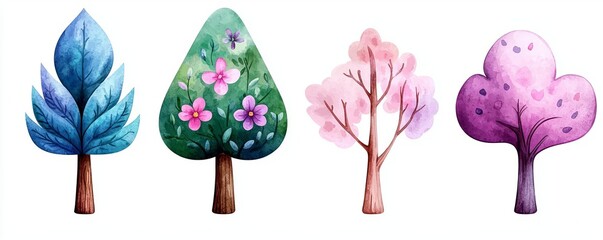 Whimsical illustrations of various colorful trees, showcasing unique shapes and vibrant designs ideal for nature-themed projects.