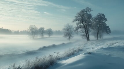 Naklejka premium Winter fog rolling through a snowy landscape, with trees and fields partially obscured by the mist, creating a mysterious and calm atmosphere. 4K hyperrealistic photo.