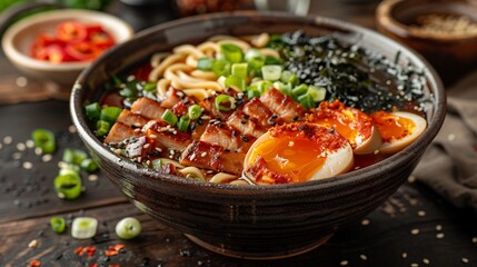 Bowl of Japanese ramen with tender pork slices softboiled egg and noodles in a rich flavorful broth topped with seaweed and green onions