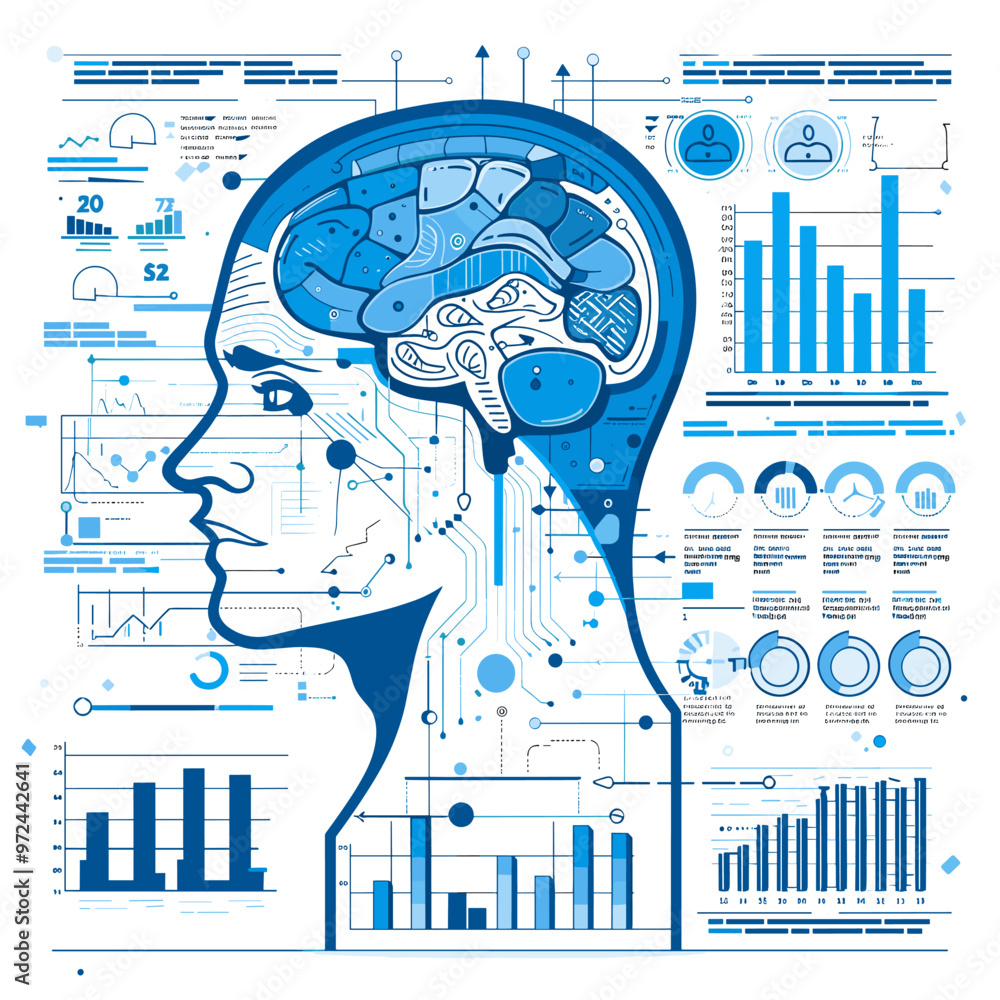 Aufkleber abstract artificial intelligence concept with human head and various technological elements. vector 