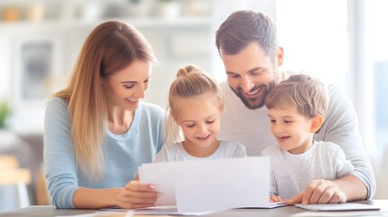 Fototapeta premium Family Reviewing Home Utility Bills for Monthly Cost Savings and Efficiency