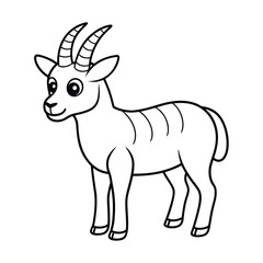 cute cartoon goat, black and white line drawing, simplified animal illustration, children's coloring book style, side view, curved horns, short tail, hooves, playful expression, clean lines, minimal