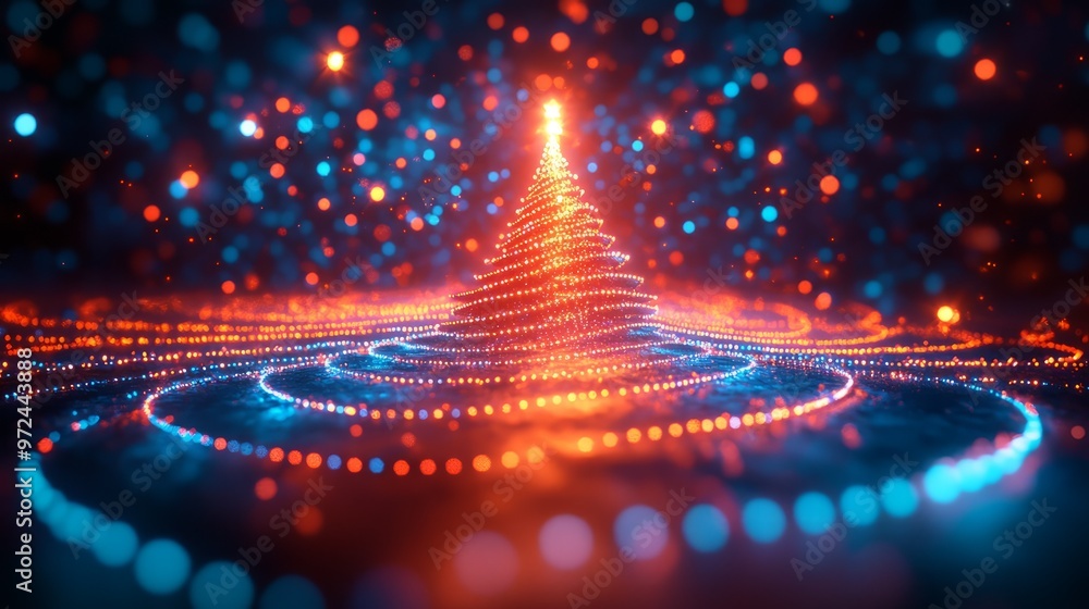 Poster geometric design of a christmas tree made of concentric circles of lights, creating a mesmerizing, m