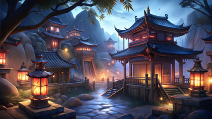 Fototapeta premium Serene traditional Asian village at twilight with illuminated lanterns and stunning architecture