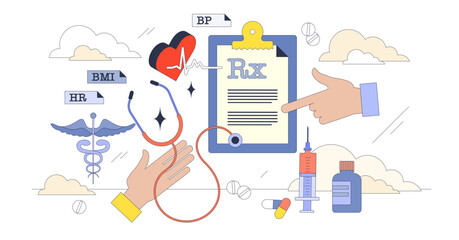 Medical abbreviation for prescription writing tiny neubrutalism hands concept, transparent background. Pharmacy signs and symbols for receipt paperwork faster writing illustration. Rx, HR, BMI.