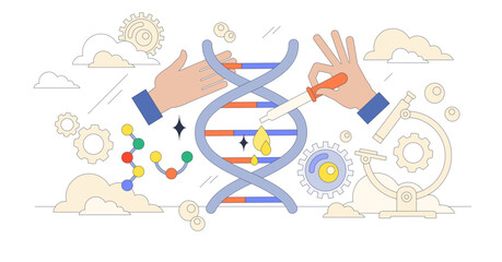 Molecular biology and biotechnology science study tiny neubrutalism concept, transparent background. Genetic DNA helix research, sequencing or artificial editing.
