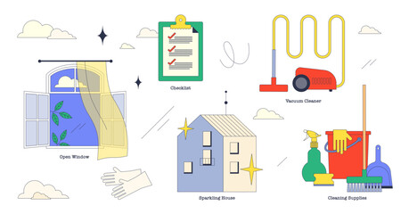 Move in cleaning for new property hygiene tiny neubrutalism collection set, transparent background. Labeled elements with vacuum cleaner, cleaning supplies, checklist.
