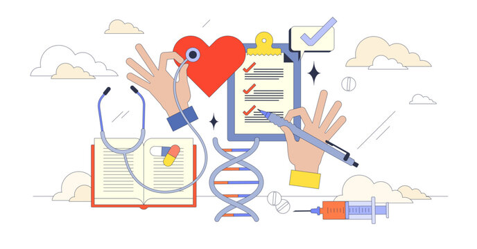 Medical terminology and medicine paperwork writing tiny neubrutalism concept, transparent background. Communication with disease, illness, diagnostics and prescription titles.