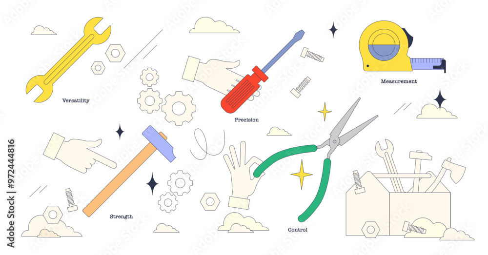 Poster toolbox instruments and their purpose tiny neubrutalism collection set, transparent background. labe