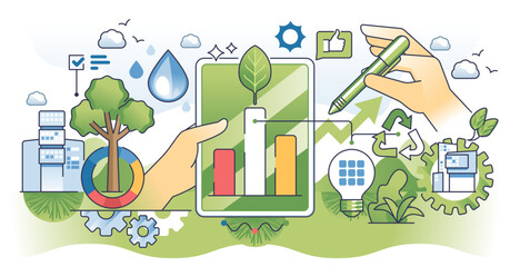 Sustainability reporting and green business initiatives outline hands concept, transparent background. Environmental corporate analysis.