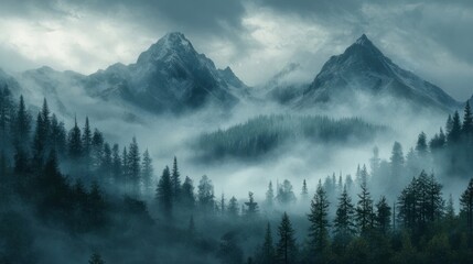 Fototapeta premium A foggy morning in the mountains, with rain clouds hanging low over the peaks and mist rising from the trees