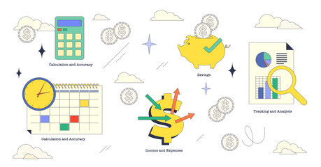 Budget planning and financial calculations tiny neubrutalism collection, transparent background. Labeled elements with accountancy monitoring.