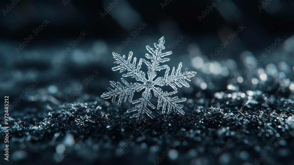 Aufkleber minimalist close-up of a single snowflake on a dark surface, with intricate details and soft shadows