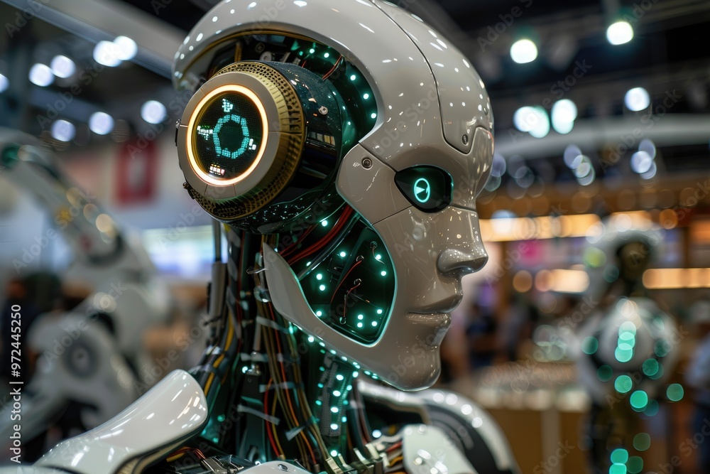 Poster futuristic humanoid robot close-up: advanced ai and robotics technology