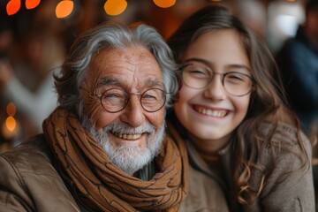 Happy grandfather with glasses and his smiling granddaughter enjoying time together, symbolizing family bonds, happiness, and intergenerational connection.