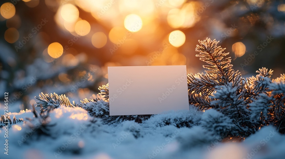 Poster Winter mockup of a blank business card placed on a snow-covered branch, with pine needles and a warm winter glow in the background, perfect for seasonal branding. 4K hyperrealistic photo.