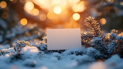 Winter mockup of a blank business card placed on a snow-covered branch, with pine needles and a warm winter glow in the background, perfect for seasonal branding. 4K hyperrealistic photo.