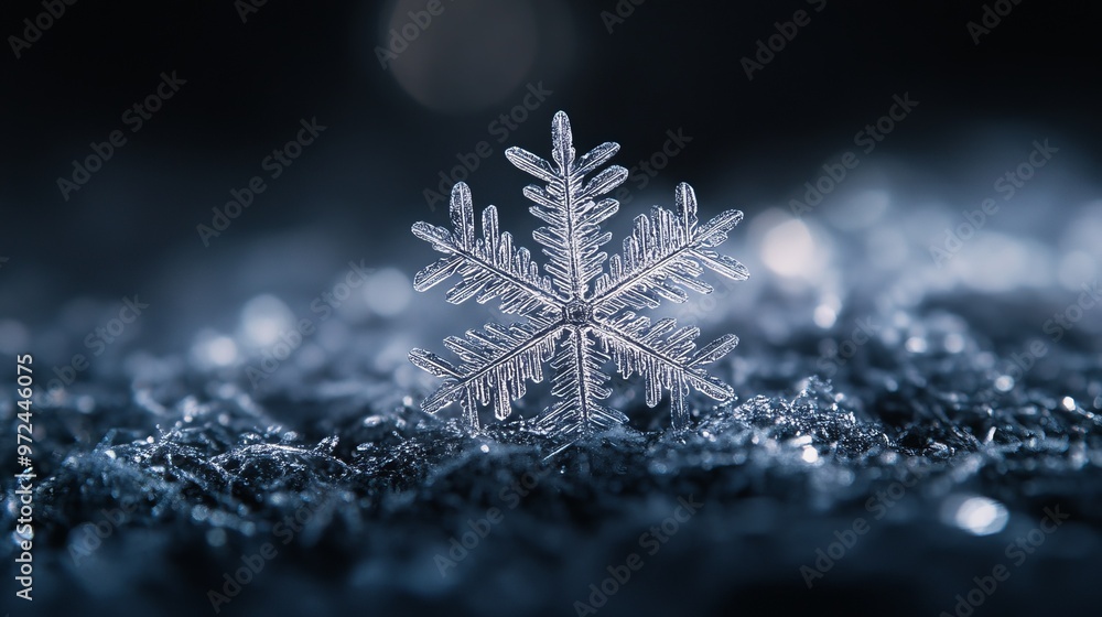 Aufkleber minimalist close-up of a single snowflake on a dark surface, with intricate details and soft shadows