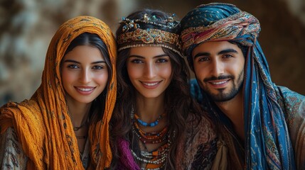 Fototapeta premium Three individuals in traditional attire with vibrant accessories.