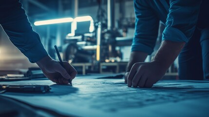 Obraz premium Engineers Working on Blueprint in Factory