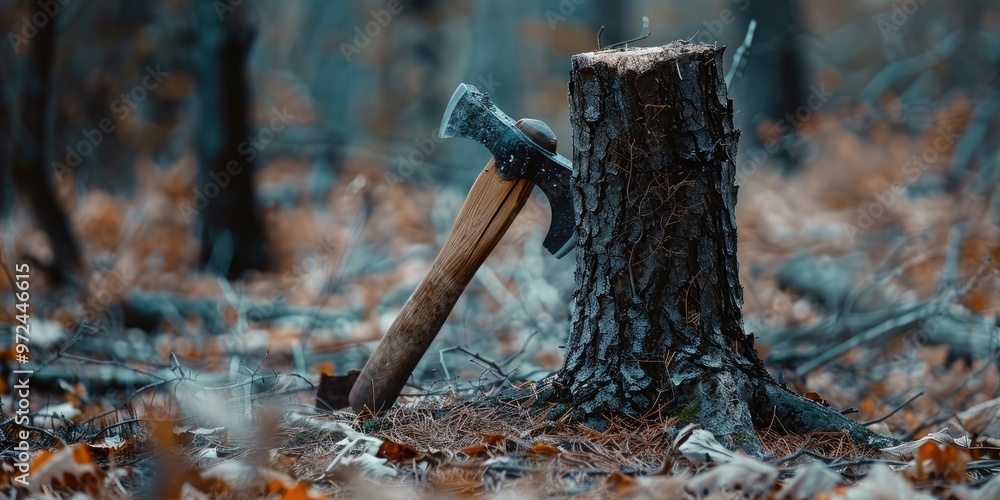 Poster axe inserted in a tree trunk in a forest