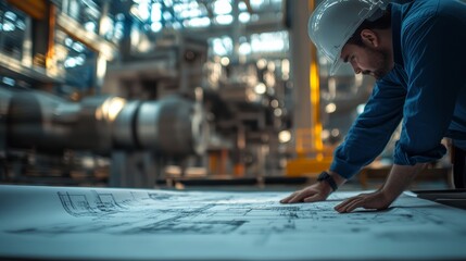 Engineer Examining Blueprint in Industrial Factory