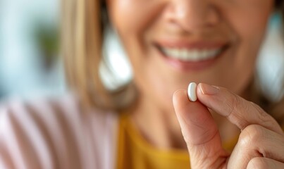 Happy Woman Holding a Small Capsule: Frontal Photo