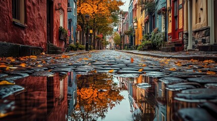 Fototapeta premium A vintage street scene with rain falling gently on cobblestone streets and colorful buildings reflecting in the puddles