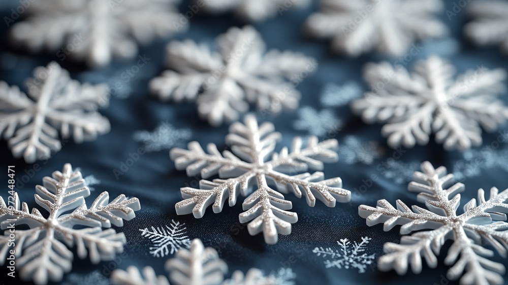 Poster sharp, angular snowflakes arranged in a repeating pattern on a festive tablecloth, creating a clean,