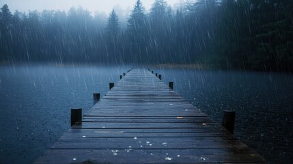 Obraz premium A wooden pier extending into a rain-covered lake, with mist and rain blurring the horizon