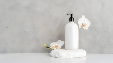 A bottle of lotion is placed on a stone surface next to a white flower. Concept of relaxation and self-care, as the lotion is often used to moisturize and nourish the skin