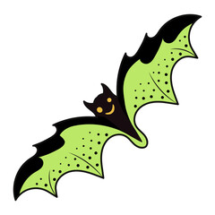 A flying creepy bat drawing, Halloween symbol and traditional sign. Sticker with wild flying vampire. Vector illustration.