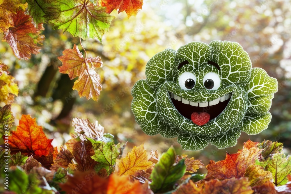 Poster this is a pretty 3d cartoon character of a green cabbage with a face and leaves. it is a funny masco