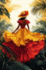 Woman in orange and red dress walking through lush tropical jungle garden