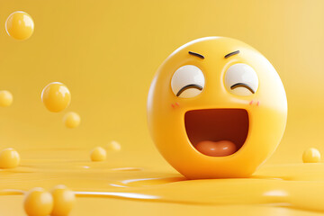 Fototapeta premium A cheerful yellow emoji with a big smile, surrounded by floating yellow spheres.
