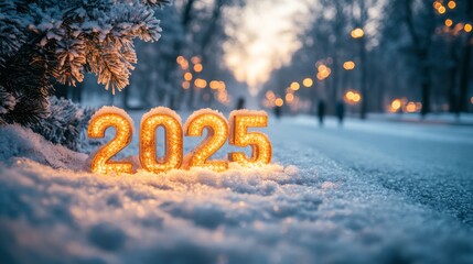 Festive 3D Golden "2025" Numbers on Sunny Snowy Day with Park Background and Blurred Passersby