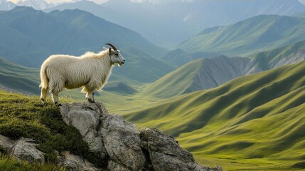 A white goat stands on a rocky ledge overlooking a valley of rolling green hills.