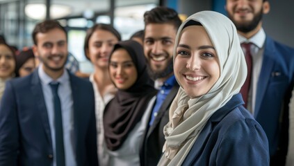 Fototapeta premium Diverse group of smiling Muslim multicultural businesspeople standing together in an office, showcasing inclusion diversity and collaboration within the corporate world. Middle eastern commercial