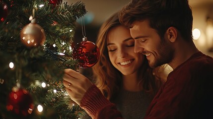 Young couple decorating a Christmas tree together, sharing smiles and tender moments as they hang ornaments. 4K hyperrealistic photo.