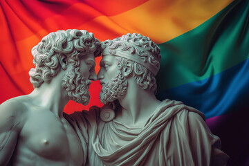 Gay couple ancient marble sculptures on lgbt flag background. Greek gay sculpture. Two men in love....